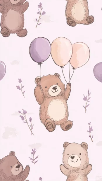 Pastel bear wallpaper showcasing a seamless pattern of bears holding balloons on a soft lavender background.