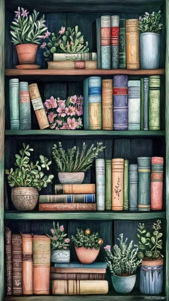 Pastel bookshelf with tiny potted plants, loved by every book lover.
