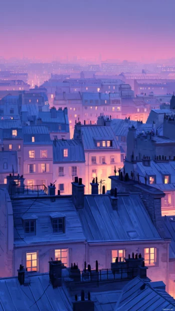 Pastel cityscape at dusk with rooftops glowing in Cute Lavender light.