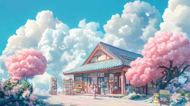 Pastel clouds drift over a cute japan tea house where anime friends share delicate sweets.