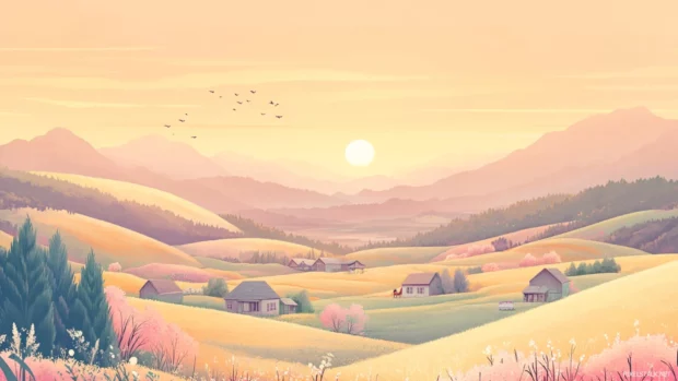 Pastel colored Cute Japan countryside wallpaper with rolling hills, small farmhouses and playful animals.