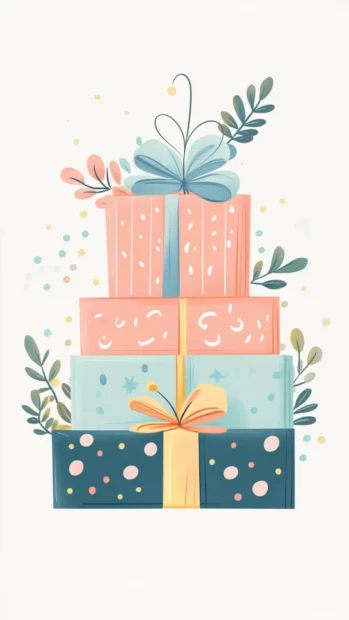 Pastel colored birthday gifts stacked neatly in aesthetic style.