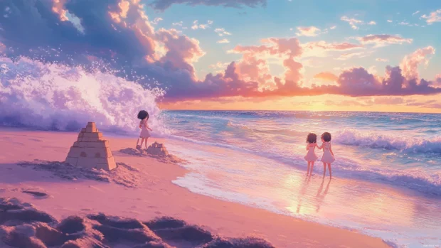 Pastel colored waves lap gently on a cute japan beach where anime friends build sandcastles together.