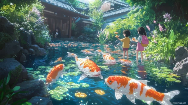 Pastel fish swim through a cute japan pond while anime children feed them tiny treats.