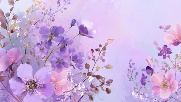 Pastel lavender aesthetic wallpaper combining watercolor floral illustrations and gentle lilac gradients.