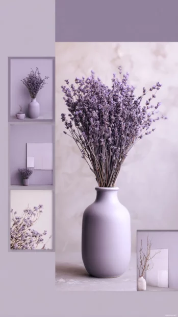 Pastel lavender iPhone wallpaper collage of dried sprigs, vintage vase and soft art frames in cohesive layout.