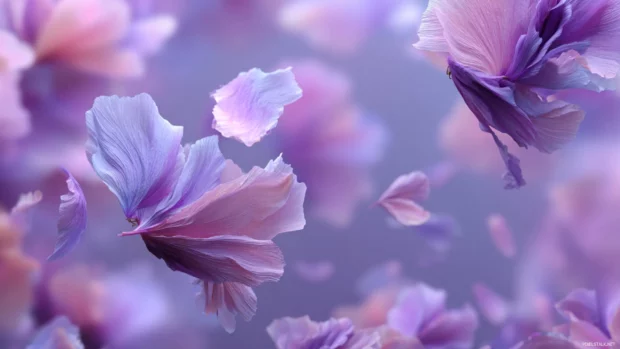 Pastel lavender wallpaper phone edition capturing floating lavender petals drifting through soft violet haze.