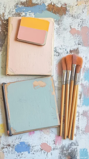 Pastel palette of aesthetic book, notebook and sketching tools.