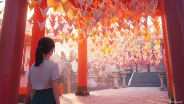 Pastel paper cranes hang delicately in a cute japan anime temple where visitors leave their wishes.