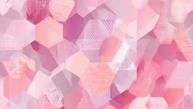 Pastel pink geometric patterns built from overlapping polygons and diagonal flow.