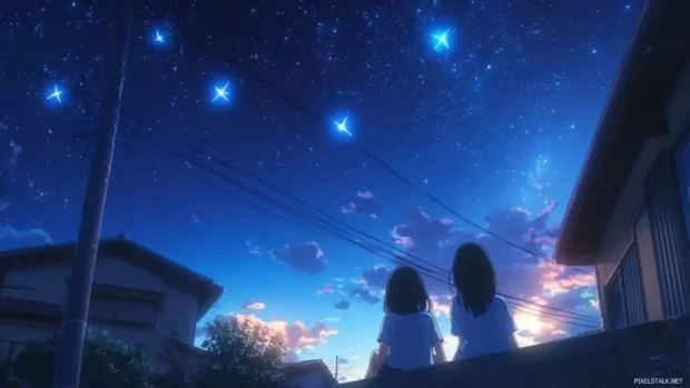 Pastel stars sparkle over a cute japan anime rooftop where friends sit watching the night unfold.