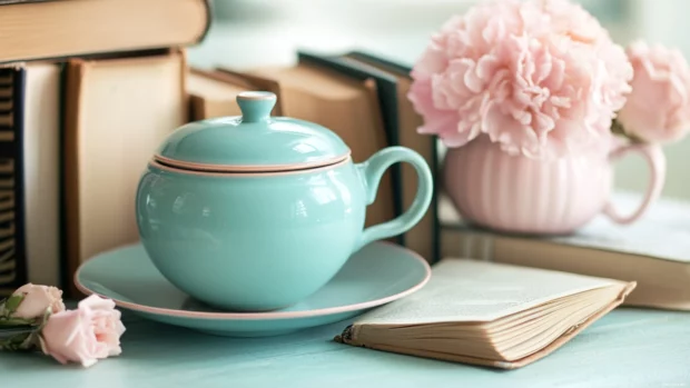 Pastel tea set beside a book lover journal and classic novels.