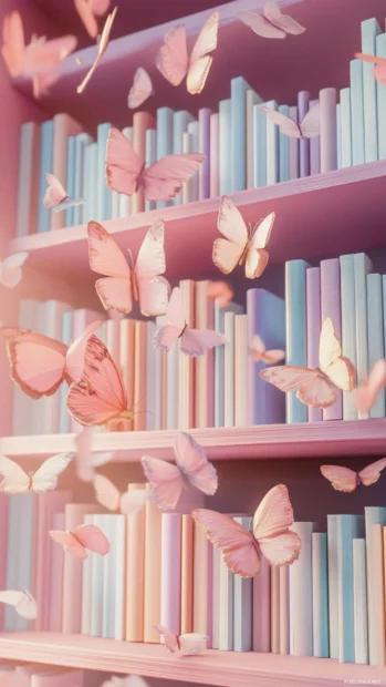 Pastel themed book iPhone setting with bookshelf and butterflies in motion.