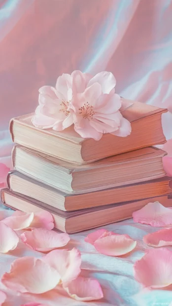 Pastel toned scene with stacked books and flower petals for an elegant book iPhone wallpaper.