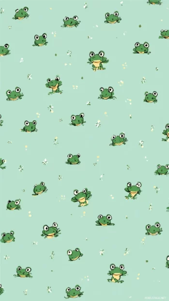 Pattern made of Aesthetic Frog heads and tiny sparkles on a soft mint background, vertical seamless design.