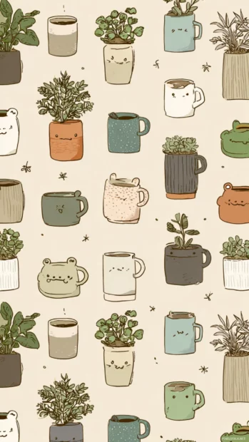 Pattern made of small Aesthetic Frog illustrations surrounded by coffee mugs and potted plants, soft tones.