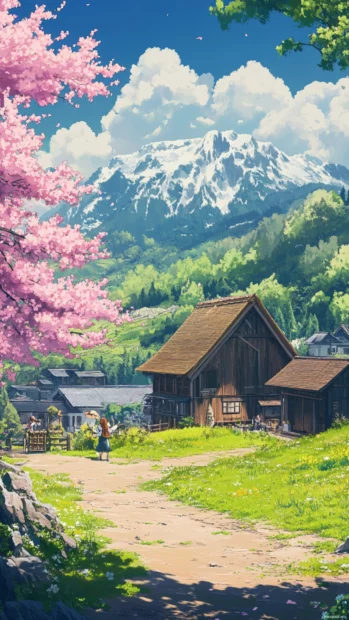 Peaceful Japanese countryside scene with anime characters.