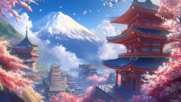 Peaceful Mount Fuji wallpaper featuring Japanese temples and shrines nestled among vibrant spring blooms.