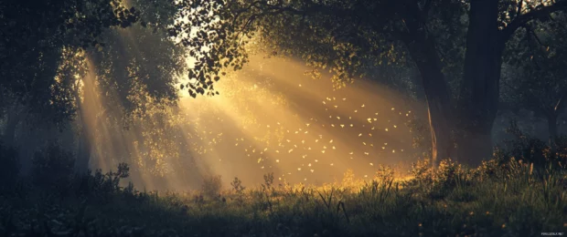 Peaceful forest at sunrise with golden rays filtering through trees, designed for wallpaper 3440x1440 ultra wide.