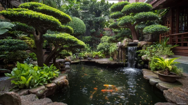 Peaceful garden with a small Waterfall flowing into a koi pond surrounded by bonsai trees.