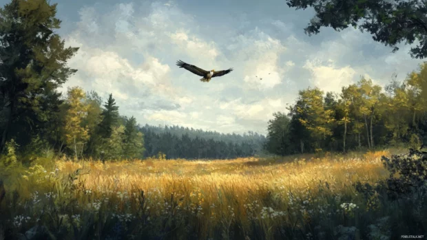 Peaceful meadow view with Bald Eagle flying above the treetops.