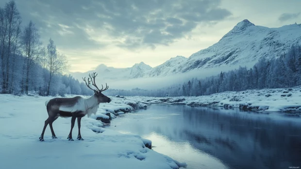 Peaceful reindeer in a snowy valley with a distant mountain range.