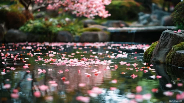 Peaceful wallpaper portraying Japanese cherry blossom petals drifting onto a tranquil garden pond.