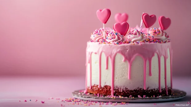 Pink birthday cake with heart shaped sprinkles and a soft gradient background, exuding sweetness.