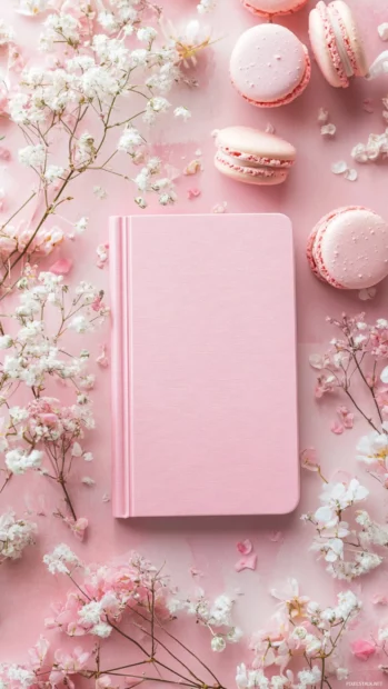 Pink book iPhone wallpaper styled with pastel covers, macarons, and delicate decor in an overhead composition.