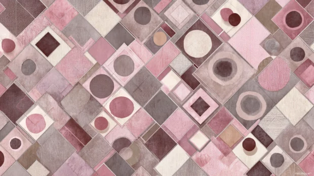 Pink geometric desktop wallpaper with bold tile pattern of diamonds and circles in muted pink tones.