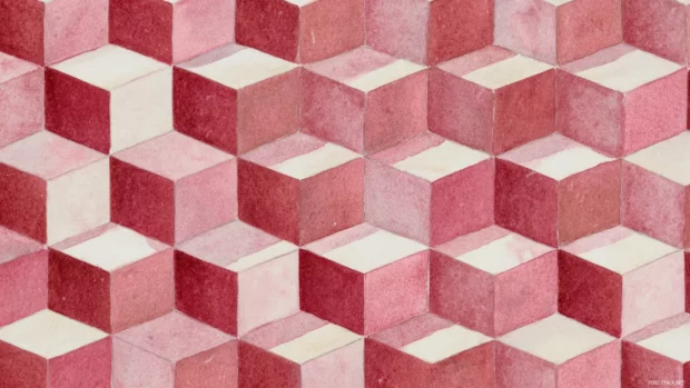 Pink geometric tile wallpaper illustrating repeating cube motifs with shadow depth over creamy rose surface.