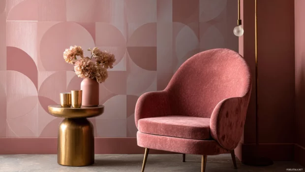 Pink geometric wallpaper abstract style merging curved lines and sharp angles in romantic dusky rose hues.