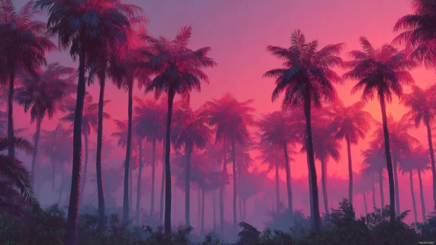 Pink palm tree 4k wallpaper featuring a grove of pink tinted palms under glowing pink dawn horizon.