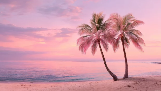 Pink palm tree beach wallpaper showing two palms leaning toward pastel pink ocean at sunrise.