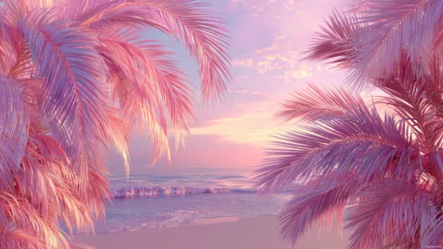 Pink palm tree desktop wallpaper showing glowing pink fronds framing a pastel sunset beach scene.