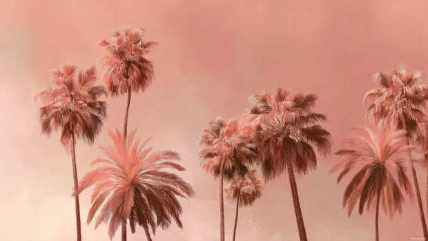 Pink palm tree mural wallpaper style depicting oversized pink palms painted across dreamy salmon sky canvas.