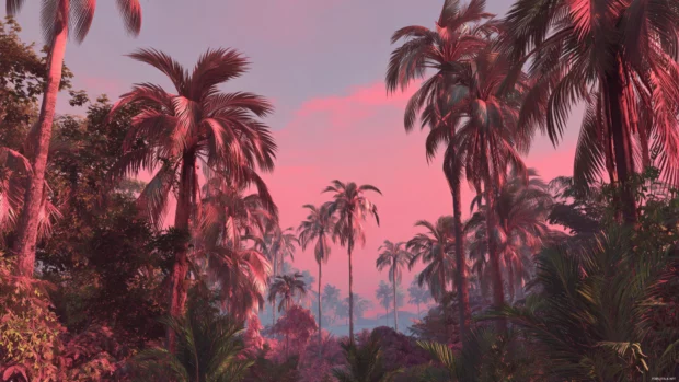 Pink tropical palm tree wallpaper capturing lush pink palm grove under magenta dusk light by water.
