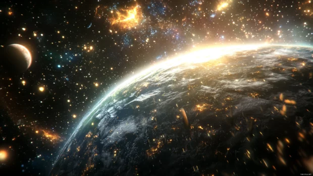Planet Earth with a stylized atmosphere surrounded by stardust and comets.