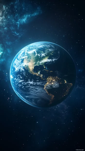 Planet earth iPhone wallpaper with rich blues and greens, glowing against the darkness of space.