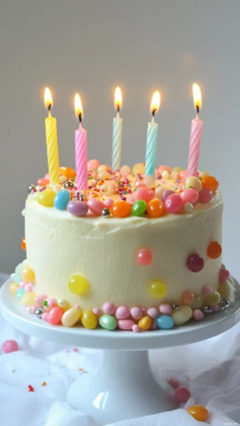 Playful Birthday Cake adorned with jelly beans and pastel candles.
