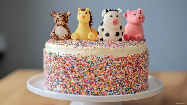 Playful Birthday Cake with animal shaped toppers and confetti sprinkles.