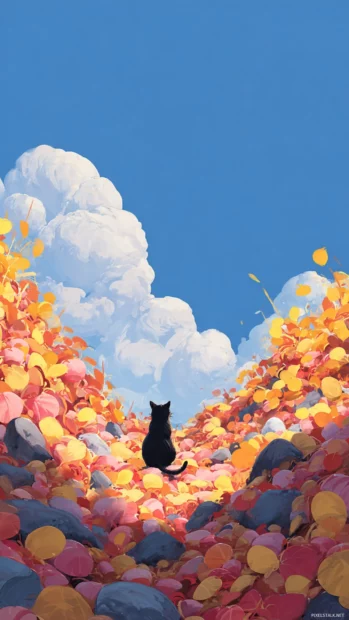 Playful Fall vibes with a cat sitting among piles of colorful autumn leaves under a clear blue sky.