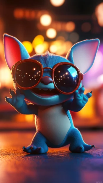 Playful Stitch in 3D wearing sunglasses and posing cheekily, vivid reflections and detailed modeling.