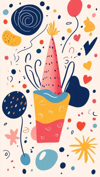 Playful abstract birthday with swirls and shapes.