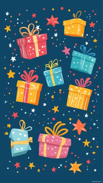 Playful birthday design with colorful gift boxes and stars.