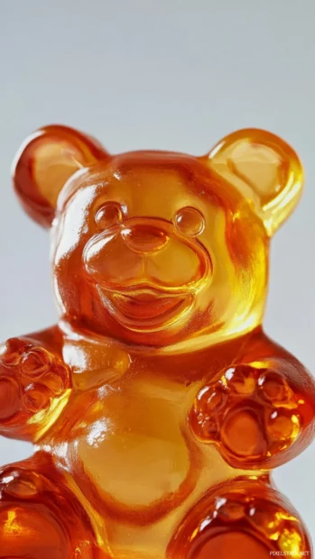 Playful gummy bear posed over clear white canvas.