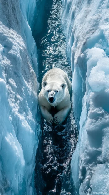 Polar Bear framed vertically between narrow glacier walls reflecting sunlight.