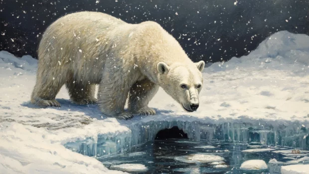 Polar Bear looking curiously into a hole in the ice while surrounded by glistening snow.