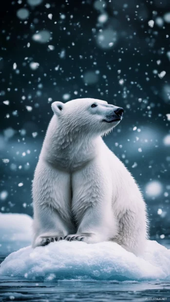 Polar Bear sitting alone on an ice platform with snowflakes falling around.