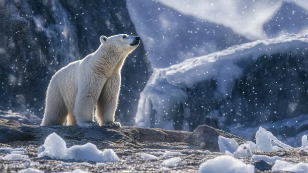 Polar Bear standing tall against a backdrop of sharp ice cliffs and scattered snow dust.